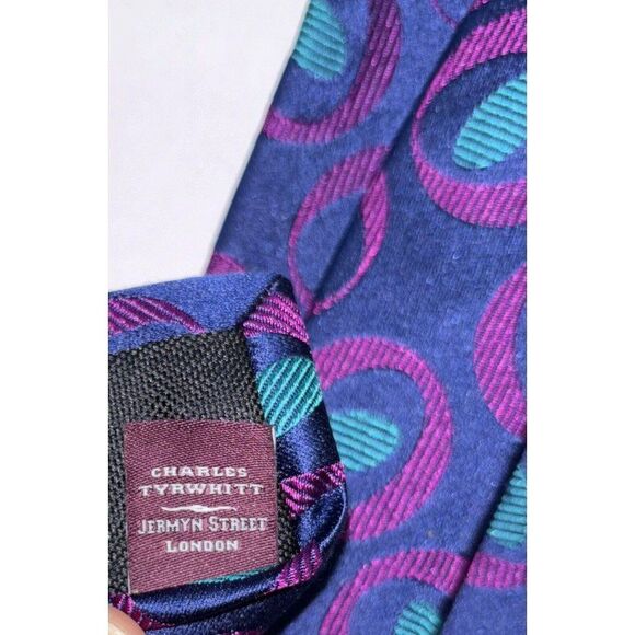 CHARLES TYRWHITT Mens 100% Silk Necktie Designer POLKA DOT Blue Green Pink - Picture 2 of 5
